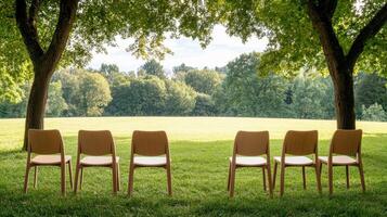 Chairs arranged in circle under trees in serene open field photo