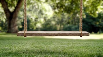 wooden swing gently sways in breeze, surrounded by lush greenery photo