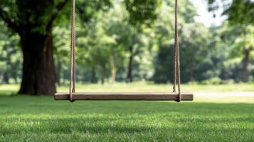 lone swing sways gently in breeze, surrounded by lush greenery photo