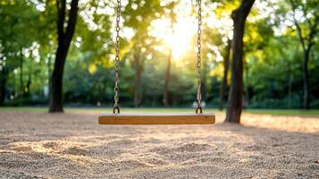 lonely swing in serene playground at dusk, surrounded by trees photo
