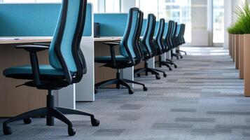 Empty office cubicles with ergonomic chairs and modern design create serene workspace photo