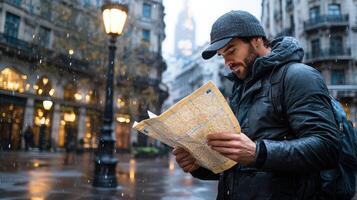 lost traveler reading map under streetlamp in rain photo