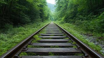 long forgotten railway track surrounded by thick green foliage evokes nostalgia photo