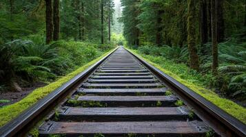long forgotten railway track surrounded by lush green forest and moss photo