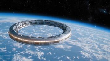 massive rotating space station orbiting Earth, designed for long term habitation photo