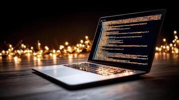 minimalist workspace featuring laptop with glowing code photo