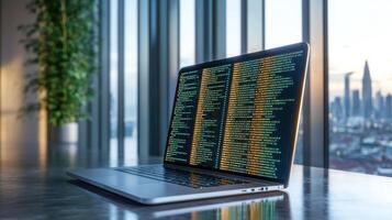 minimalist workspace featuring laptop displaying code, with city view photo