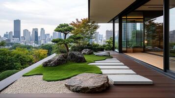 serene minimalist rooftop garden featuring bonsai trees, stones, and greenery photo