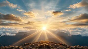 breathtaking sunrise over mountains, illuminating sky with vibrant rays photo