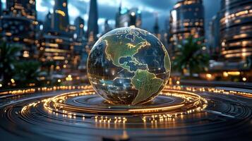 glowing globe representing Americas in futuristic cityscape photo