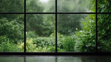peaceful afternoon with raindrops rolling down window, showcasing lush greenery outside photo