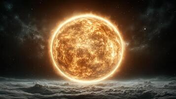bright sun glowing above cloud covered landscape in space photo