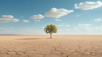 solitary tree stands in vast, dry landscape under blue sky, symbolizing resilience photo