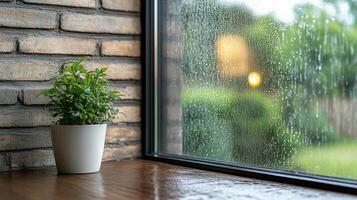 serene view of rain streaked window with potted plant indoors photo