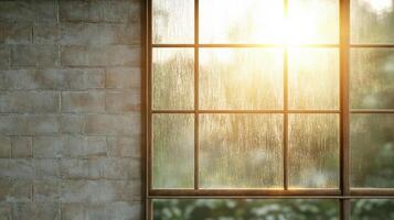 rain streaked window in cozy countryside home, with sunlight streaming through photo