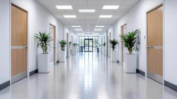 modern corridor with wooden doors and potted plants creates serene atmosphere photo