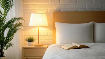 serene night time reading scene with book glowing under lamp photo