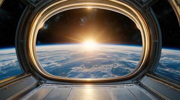 breathtaking sunrise viewed from space station window, illuminating Earth photo