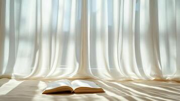 serene scene featuring open book on soft surface, illuminated by natural light photo