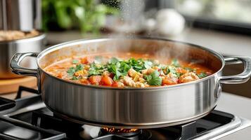 steaming pot of soup with fresh herbs on stovetop, creating warm atmosphere photo