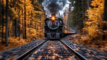 steam train travels through vibrant autumn forest, surrounded by golden leaves photo
