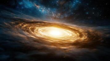 stunning depiction of galaxy with swirling golden light and cosmic clouds photo