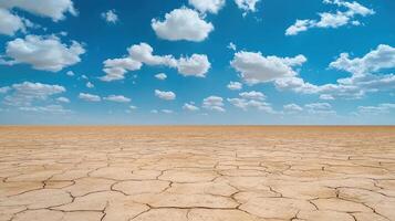 Dry cracked earth under bright blue sky with fluffy clouds photo