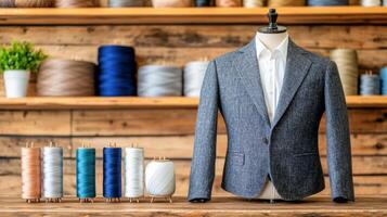 Tailored jacket displayed in sewing studio with colorful threads photo
