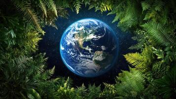 Earth surrounded by lush greenery, promoting environmental awareness and conservation photo
