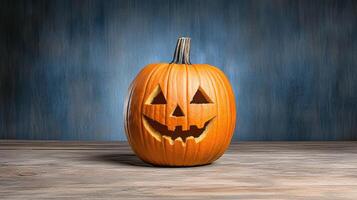 vintage style Halloween pumpkin with cheerful face on wooden table photo