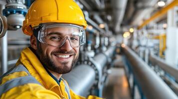 worker in safety gear smiles while inspecting gas pipelines in facility photo