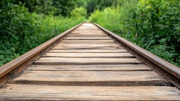 Abandoned train track with rusted rails and wooden planks surrounded by greenery photo