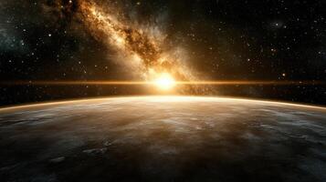 stunning view of distant exoplanet with glowing sun rising over horizon photo