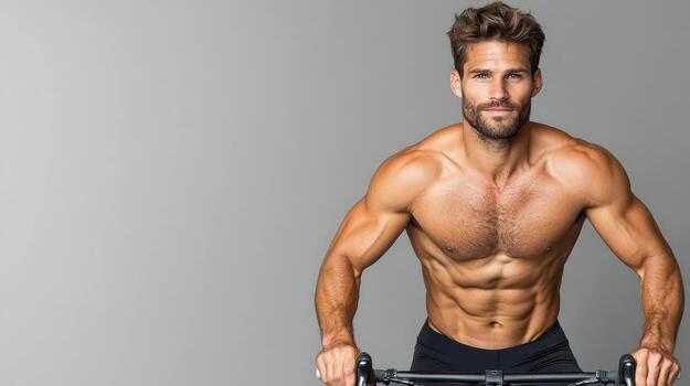 Intense cycling pose of man with defined abs and strong physique photo