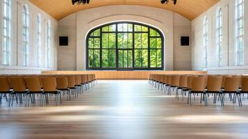 Elegant university lecture hall with wooden ceiling and large windows photo