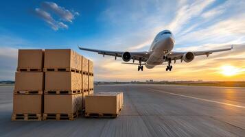 Massive cargo plane approaching runway with pallets stacked nearby at sunset photo