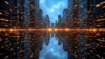 stunning city skyline reflecting in water, showcasing modern architecture and lights photo