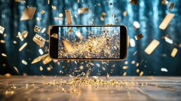 smartphone shattering with golden particles, creating stunning visual effect photo