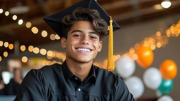 Graduation celebration with young student wearing cap and gown, smiling joyfully photo
