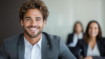 confident job applicant smiling during presentation in meeting room photo