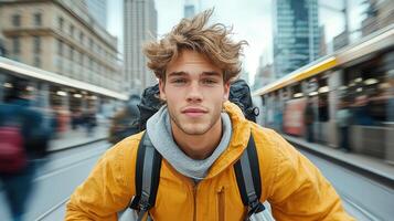 young man in yellow jacket stands confidently in bustling city photo
