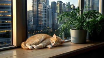 cute orange cat sleeping on windowsill with city view photo
