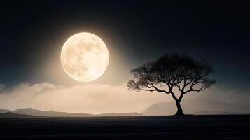 haunting silhouette of lone tree against full moon, creating serene atmosphere photo