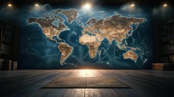 detailed world map illuminated in library setting, showcasing geography photo
