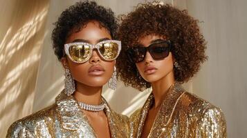 High fashion editorial featuring two women in glamorous outfits and sunglasses photo