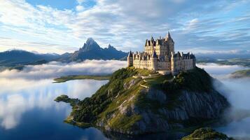 majestic old castle standing atop hill surrounded by mountains and water photo