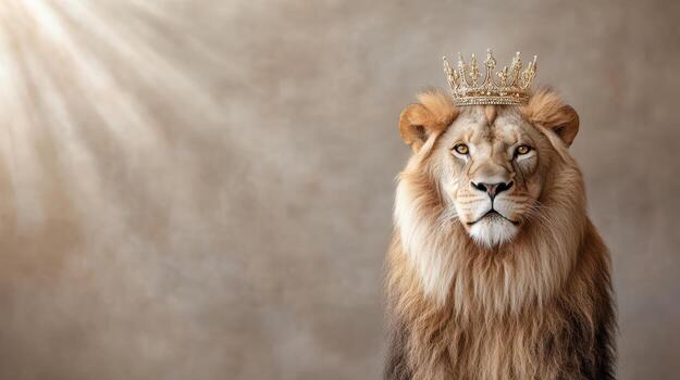Majestic lion with crown symbolizing strength and power in regal pose photo
