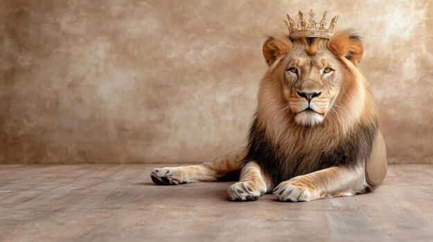 Majestic lion with crown symbolizing strength and power, regal presence photo