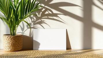 minimalist mockup featuring blank canvas beside potted plant, showcasing natural light and photo