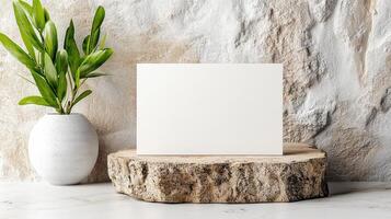 Minimalist business card mockup on wooden surface with plant photo